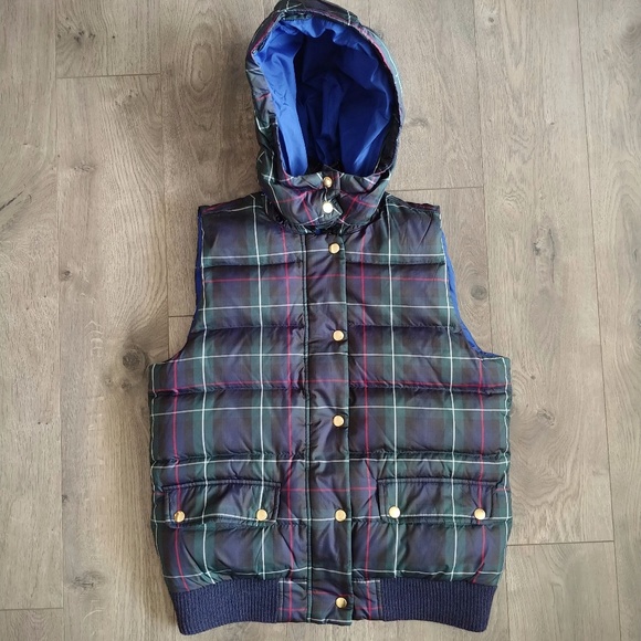 J Crew Plaid Puffer Vest Navy Plaid 